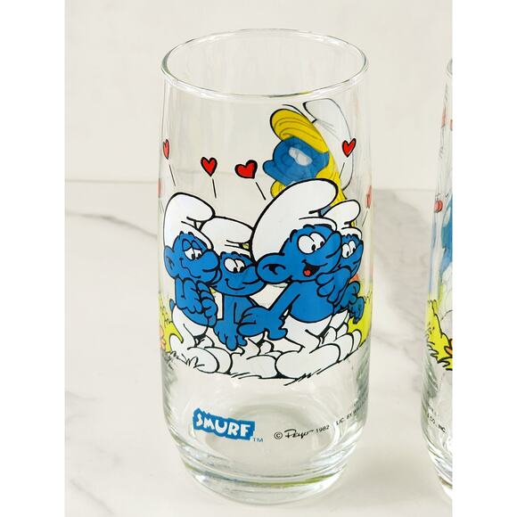 Smurf Smurfette Drinking Clear Glasses 14oz by Peyo 1982 6" x2 Vintage - Picture 2 of 15